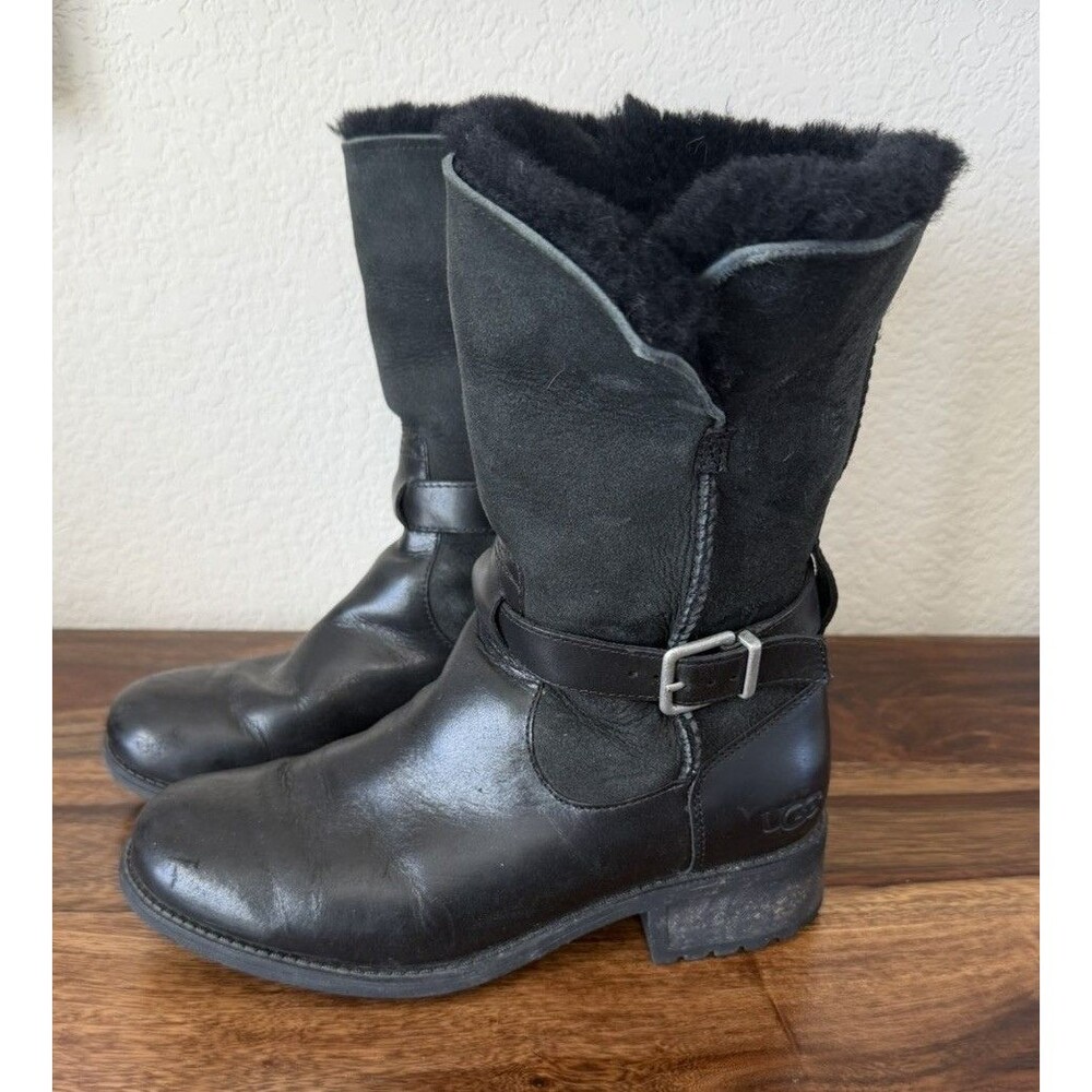 Ugg Women Black Leather Suede Biker Moto Pernille Boots US 7 fur lined warm